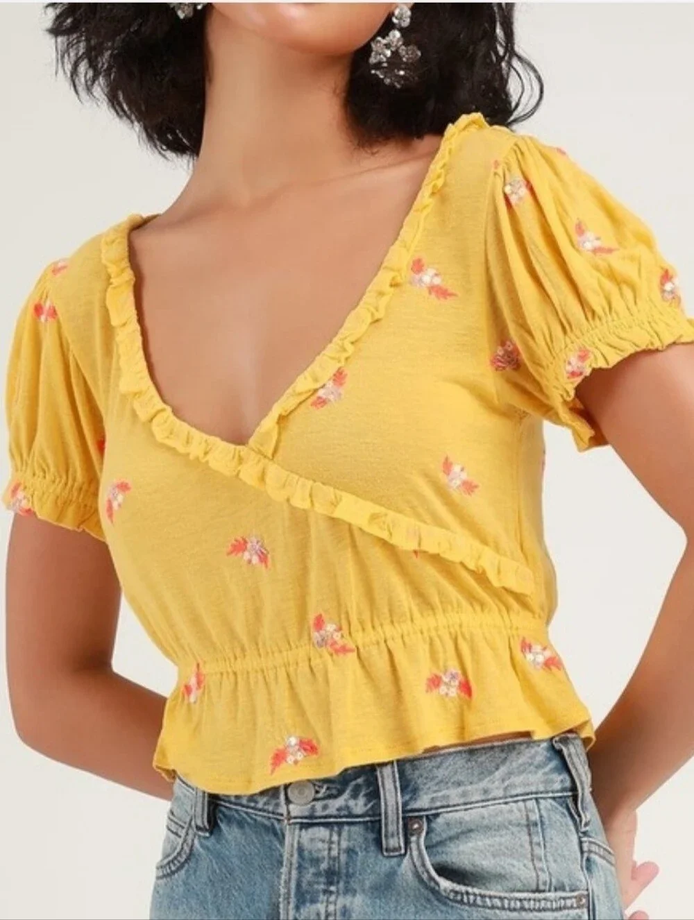 Free People Full Bloom Embroided Yellow Floral Ruffle V-Neck Top Women's Large